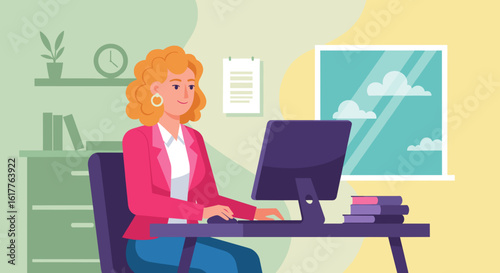 Woman working on computer in modern office, perfect for website banners or business presentations.