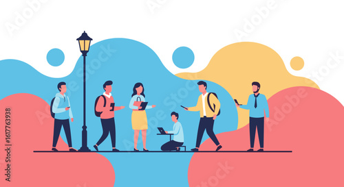 Diverse group of young people interacting in an urban setting; perfect for websites, brochures, and social media posts.