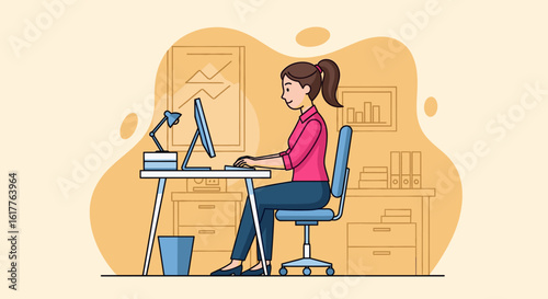 Woman working on computer in modern office - perfect for website banners or business presentations.