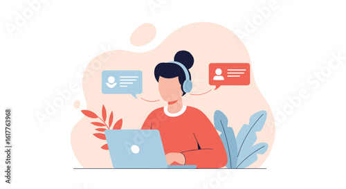 Customer service representative working on laptop, ideal for website banners or help center pages.