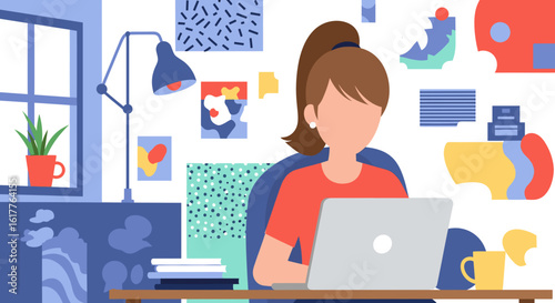 Woman working on laptop at home office, perfect for blog posts about remote work or productivity.