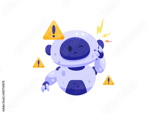 an AI system error concept. artificial intelligence is having problems. AI is broken. illustration of a short-circuited assistant robot with a warning sign. flat style design. elements