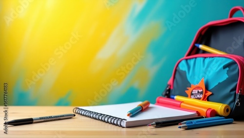 School supplies neatly arranged on a wooden table.