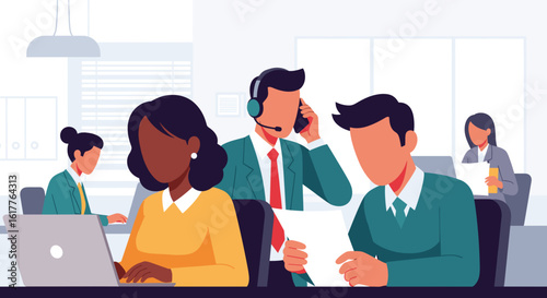 Diverse team of business professionals working in a modern office, ideal for website banners or brochures.