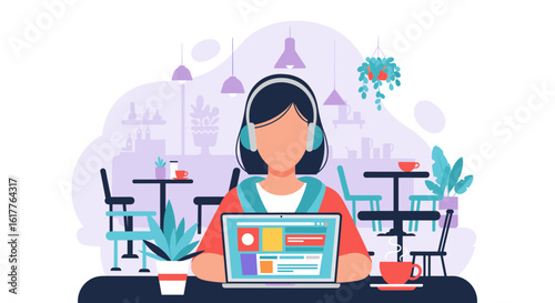 Woman working on laptop in a cafe, perfect for website banners or blog posts about remote work or freelance lifestyle.