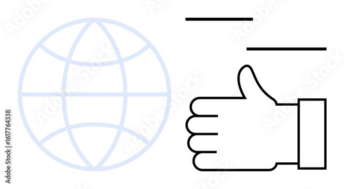 Globe symbolizing worldwide connectivity next to a thumbs-up hand indicating approval. Ideal for global networking, international business, innovation, social media, partnership, communication