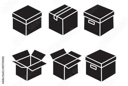 Box icons set. Shipping, delivery box or container icons. Carton box simple icon collection. Delivery symbol Empty open shipping box or unboxing line art