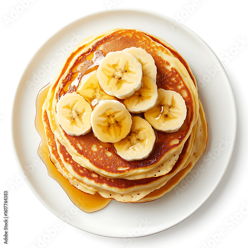 Stack of Pancakes Topped with Banana Slices and Syrup