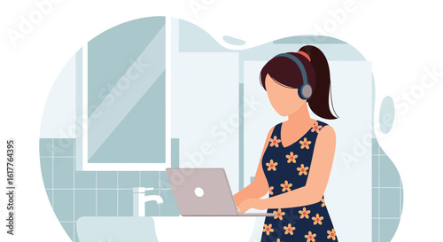 Woman working on laptop in bathroom, perfect for blog posts about work-life balance or remote work.