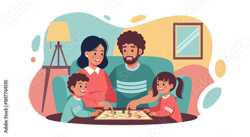 Happy family playing board games together at home. Perfect for family blogs, websites, and social media.