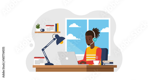 African American man working from home on laptop, perfect for remote work, telecommuting, and online business websites.