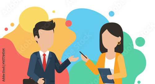 Business colleagues in discussion, ideal for presentations or reports.