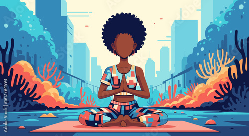 Woman meditating in a city park: perfect for wellness blogs, mindfulness apps, or urban lifestyle websites.