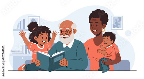 Grandparents reading a book to their grandchildren. Perfect for family, children's books, and education websites.