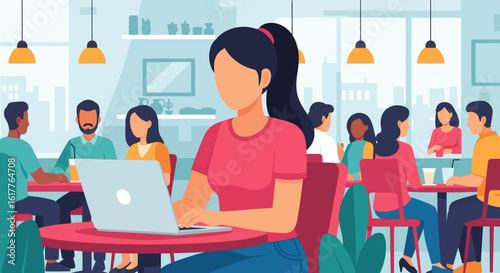 Woman working on laptop in a modern cafe, ideal for illustrating remote work, coworking spaces, or a cafe's website.