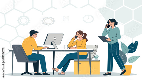 Teamwork in a modern office: Illustration of colleagues collaborating on a project, ideal for business websites and presentations.