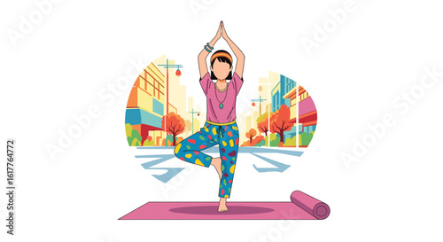 Woman practicing yoga outdoors in the city. Perfect for wellness blogs, fitness websites, or health publications.