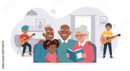 Happy multigenerational family enjoying music and reading together at home. Perfect for family, togetherness, and senior care marketing materials.