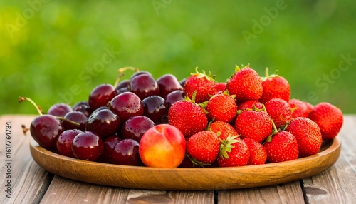 Fresh summer fruits: Cherries, strawberries, and a peach on a wooden plate against a green background