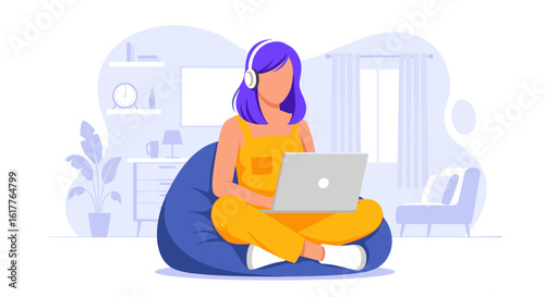 Woman working from home on laptop, wearing headphones. Illustration perfect for blog posts, websites, and articles about remote work, freelancing, or online learning.