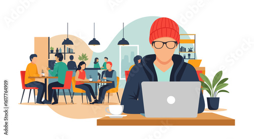 Freelancer working on laptop in a busy cafe, perfect for illustrating remote work or co-working space concepts.