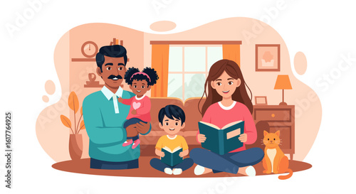 Happy family reading books together at home. Perfect for family, parenting, education, and children's book websites.