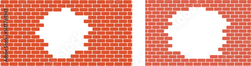 Red brick wall hole. Broken red brick wall. Old building texture. Crack stone background. Graphic blocks frame. Vintage abstract vector illustration.