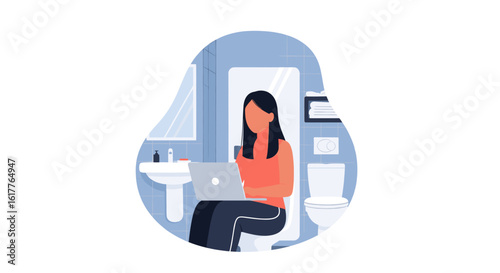 Woman working on laptop in a bathroom - perfect for articles on work-life balance or remote work.