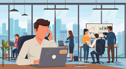 Busy Office Workers Collaborating and Communicating, Perfect for Business Presentations and Website Design.