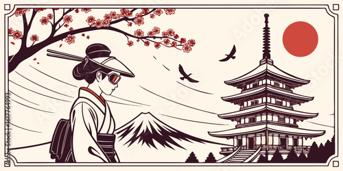 Elegant Japanese Landscape with Geisha Mount Fuji and Pagoda a Celebration of Japanese Culture and Traditional Beauty
