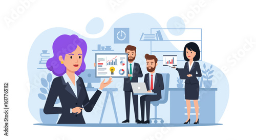 Business team presenting data and graphs during a meeting. Ideal for websites, presentations, and reports.