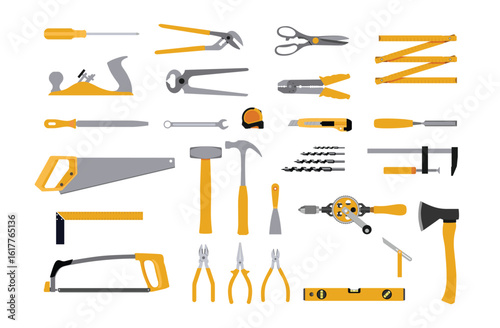 Complete Woodworking Hand Tools Set isolated – Flat Vector Illustration