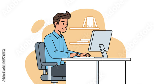 Illustration of a man working on a computer, perfect for website banners or blog posts about productivity.
