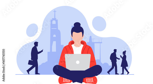 Person working on laptop in city background, ideal for website banners or blog posts about remote work or freelance lifestyle.
