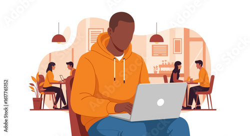 Man working on laptop in a coffee shop, ideal for blog posts about remote work or coworking spaces.