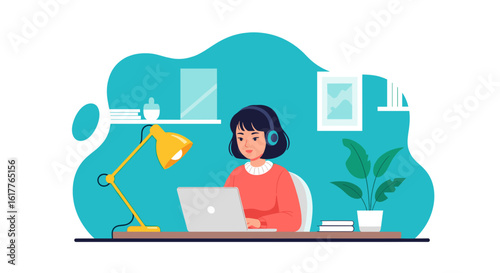 Woman working from home on laptop, wearing headphones. Perfect for blogs, websites, and articles about remote work, online learning, or freelancing.