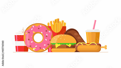 Illustration of a variety of fast food items including a donut, burger, fries and a hotdog on white