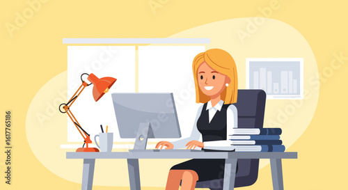 Smiling businesswoman working on computer in modern office, perfect for website or business brochure.