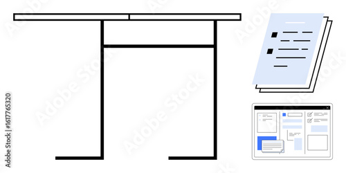 Minimal desk, stack of documents, and digital interface representing organization and productivity. Ideal for work, study, creativity, planning, focus structure and minimalism. Simple flat metaphor