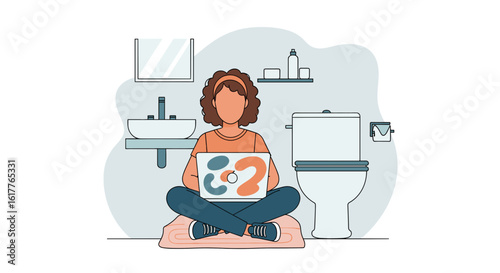 Woman working on laptop in bathroom, illustration for blog post about remote work.