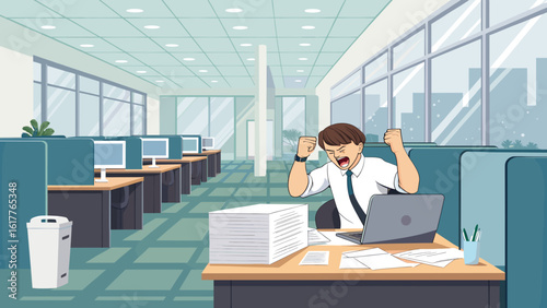 Frustrated businessman overwhelmed by paperwork in modern office.  Ideal for articles on workplace stress or burnout.