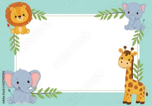 Cartoon animals frame with lion elephant  giraffe border leaves