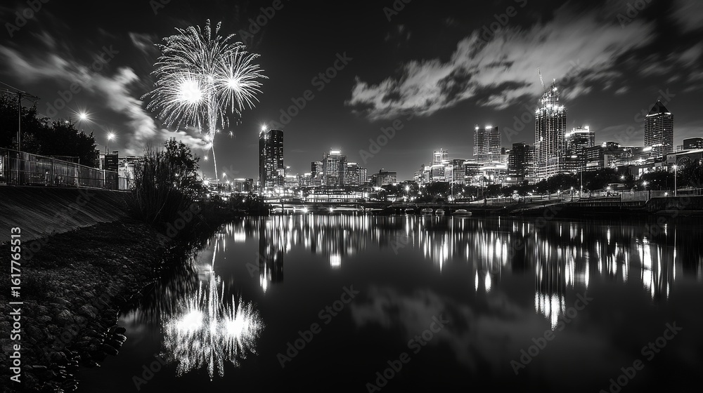 Fototapeta premium Stunning fireworks over a city skyline reflected in a river.
