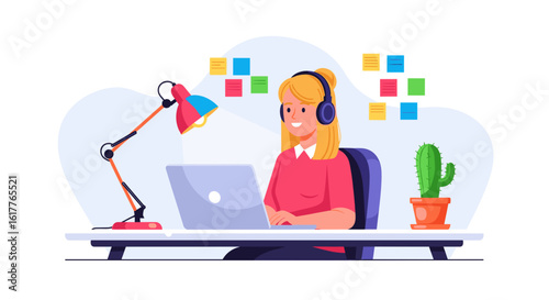 Happy woman working from home on laptop, perfect for blog posts about remote work or productivity.