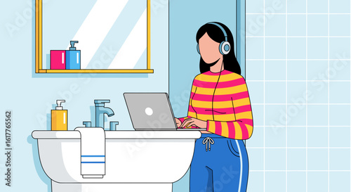 Woman working on laptop in bathroom, perfect for blog post on work-life balance or remote work.