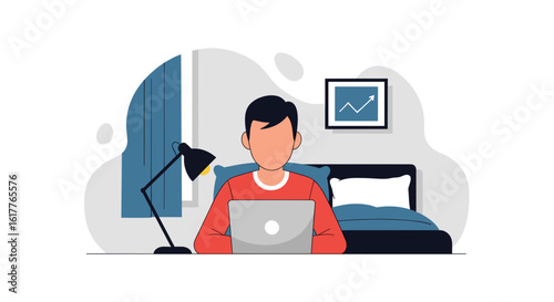 Person working on laptop from bed, perfect for illustrating work from home, remote work, or freelance lifestyle concepts.