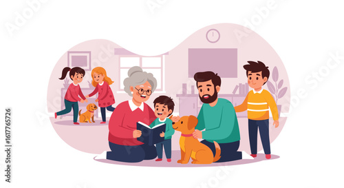 Happy multigenerational family with pets at home, perfect for family, love, and togetherness themed projects.