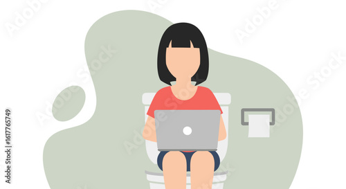 Woman working on laptop while sitting on toilet - perfect for articles on work-life balance or humorous social media posts.