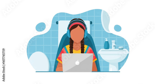 Woman working on laptop in bathroom, perfect for illustrating remote work, multitasking, or busy lifestyle articles.