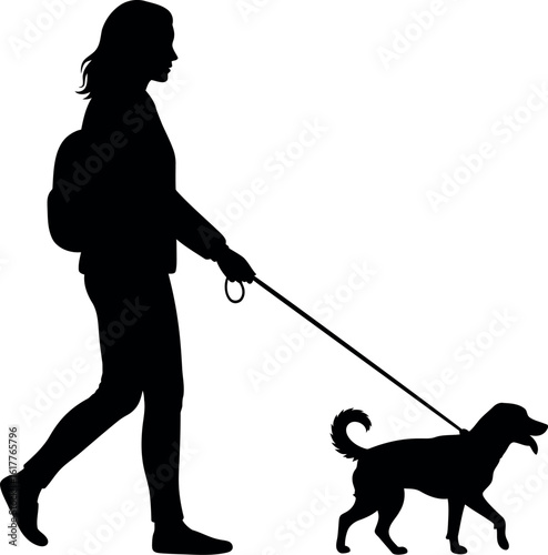 Woman walking dog silhouette